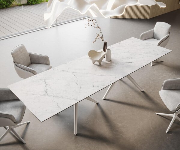 DELIFE Jídelní stůl Edge 300x100 keramika Laminam®Statuarietto bílá Estelar kulatý kov bílý