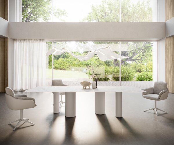 DELIFE Jídelní stůl Edge 300x100 keramika Laminam®Statuarietto bílá pilíř kov bílý