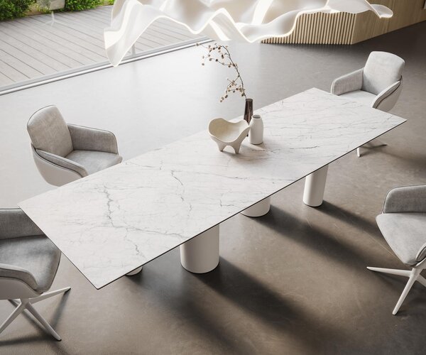 DELIFE Jídelní stůl Edge 300x100 keramika Laminam®Statuarietto bílá pilíř kov bílý