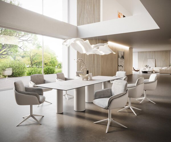 DELIFE Jídelní stůl Edge 300x100 keramika Laminam®Statuarietto bílá pilíř kov bílý