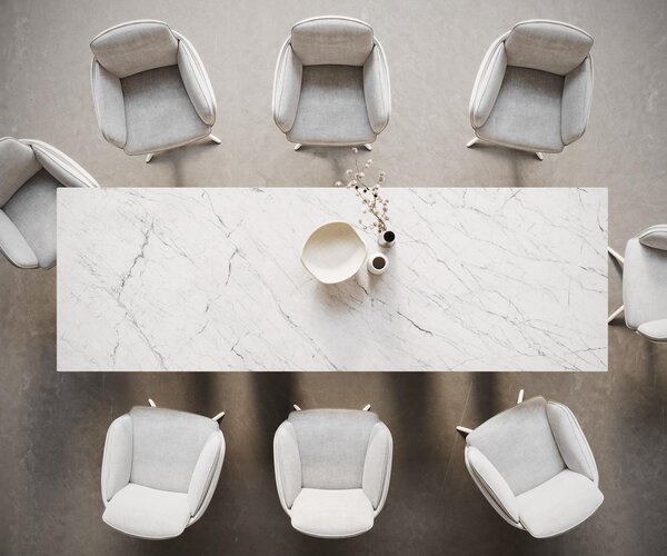 DELIFE Jídelní stůl Edge 300x100 keramika Laminam®Statuarietto bílá pilíř kov bílý