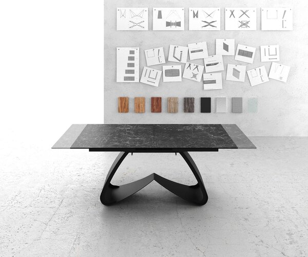 DELIFE Jídelní stůl Edge 180-220x90 keramika Laminam®Nero Greco antracitová podnož ve tvaru W černá rozkládací