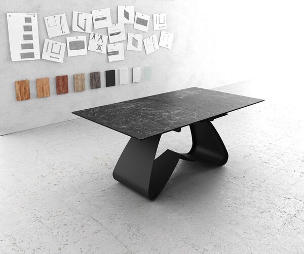 DELIFE Jídelní stůl Edge 180-220x90 keramika Laminam®Nero Greco antracitová podnož ve tvaru W černá rozkládací