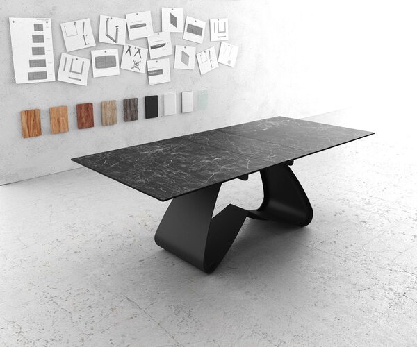 DELIFE Jídelní stůl Edge 180-220x90 keramika Laminam®Nero Greco antracitová podnož ve tvaru W černá rozkládací