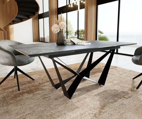 DELIFE Jídelní stůl Edge 200-300x100 keramika Laminam®Nero Greco antracitová Spider plochá ocel černá rozkládací