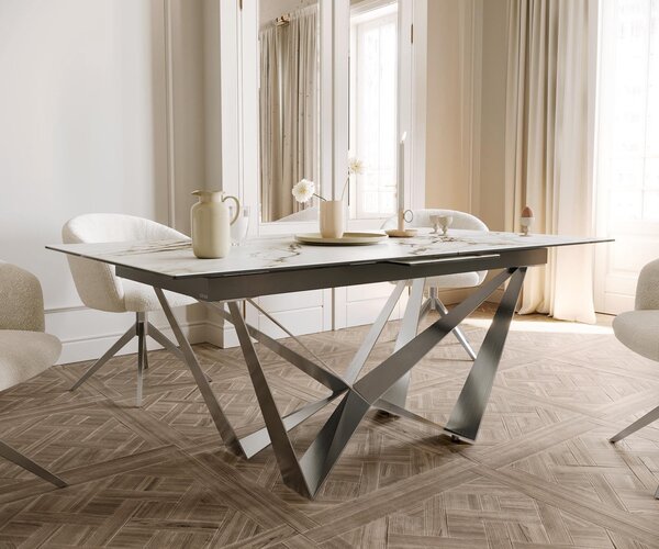 DELIFE Jídelní stůl Edge 180-220x100 keramika Calacatta Luxe bílá-zlatá-šedá Spider plochá ocel nerezová ocel rozkládací