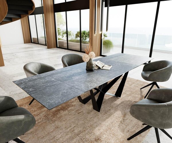 DELIFE Jídelní stůl Edge 200-300x100 keramika Laminam®Nero Greco antracitová Spider plochá ocel černá rozkládací