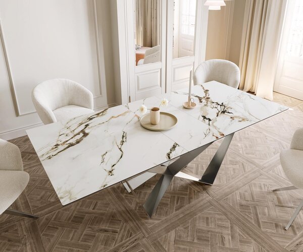 DELIFE Jídelní stůl Edge 180-220x100 keramika Calacatta Luxe bílá-zlatá-šedá Spider plochá ocel nerezová ocel rozkládací