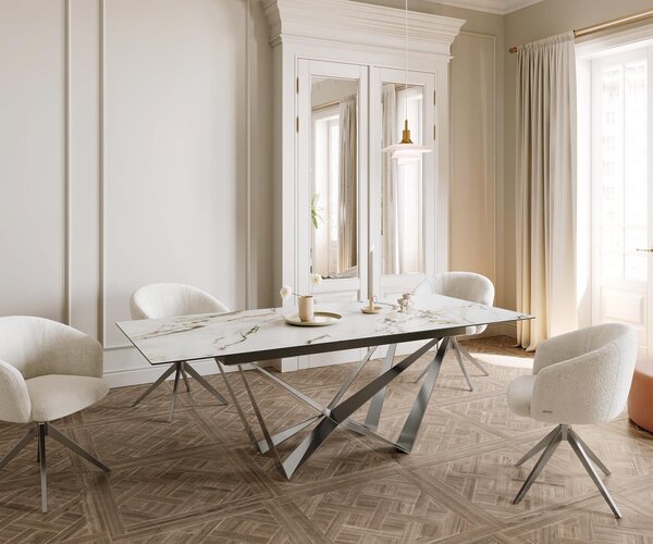 DELIFE Jídelní stůl Edge 180-220x100 keramika Calacatta Luxe bílá-zlatá-šedá Spider plochá ocel nerezová ocel rozkládací