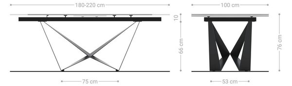DELIFE Jídelní stůl Edge 180-220x100 keramika Calacatta Luxe bílá-zlatá-šedá Spider plochá ocel nerezová ocel rozkládací