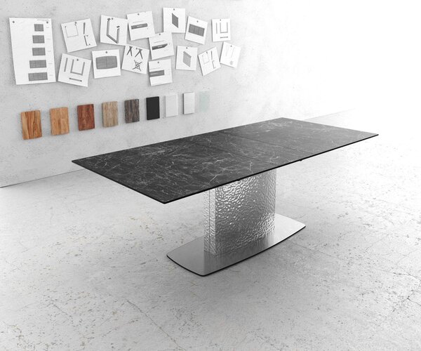 DELIFE Jídelní stůl Edge 180-220x90 keramika Laminam®Nero Greco antracitová Wave nerezová ocel rozkládací