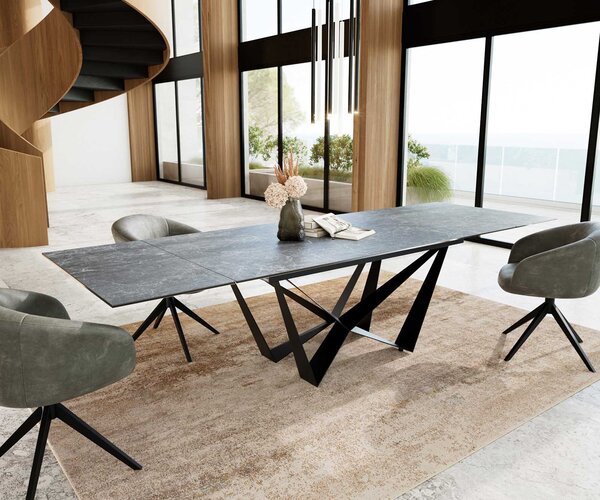 DELIFE Jídelní stůl Edge 200-300x100 keramika Laminam®Nero Greco antracitová Spider plochá ocel černá rozkládací