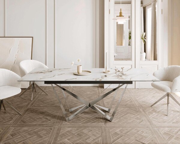 DELIFE Jídelní stůl Edge 180-220x100 keramika Calacatta Luxe bílá-zlatá-šedá Spider plochá ocel nerezová ocel rozkládací