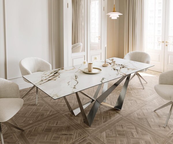 DELIFE Jídelní stůl Edge 180-220x100 keramika Calacatta Luxe bílá-zlatá-šedá Spider plochá ocel nerezová ocel rozkládací