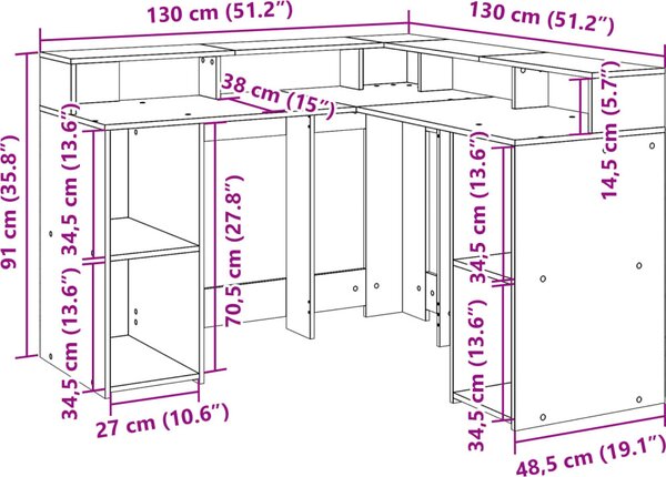 VidaXL Psací stůl s LED světly 130x130x91 cm kompozitní dřevo [3309447] Barva: Betonová šedá
