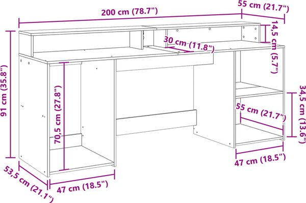 VidaXL Psací stůl s LED světly 200 x 55 x 91 cm kompozitní dřevo [3309440] Barva: Bílá