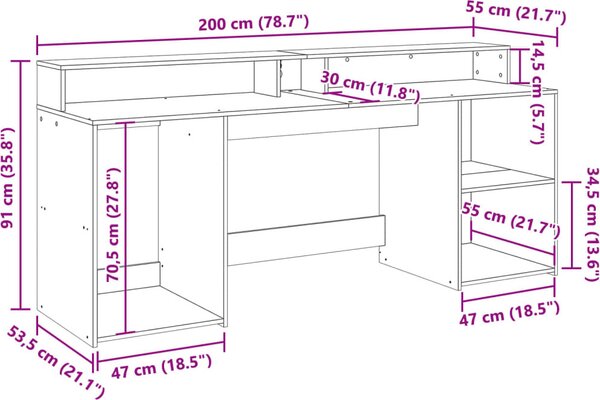 VidaXL Psací stůl s LED světly 200 x 55 x 91 cm kompozitní dřevo [3309440] Barva: Bílá