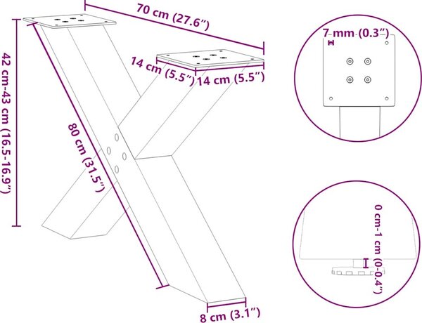 VidaXL Nohy konferenčního stolku ve tvaru X, 2 ks, ocel, 70 x (42-43) cm, ocel [4012966] Barva: antracitová