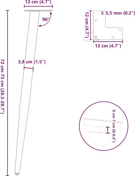 VidaXL Nohy konzolového stolku kuželového tvaru 4 ks ocel 72-73 cm ocel [4012517] Barva: Bílá