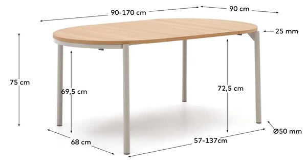 Dubový rozkládací jídelní stůl Kave Home Montuiri 90-170 x 90 cm s šedou podnoží