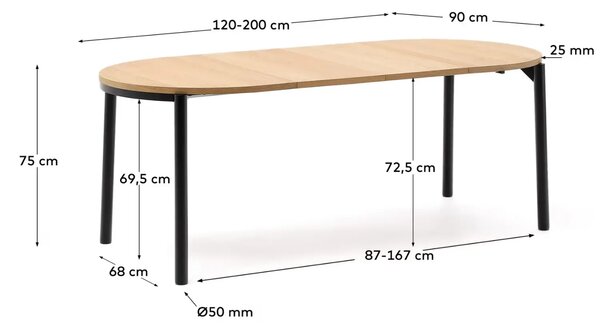 Dubový rozkládací jídelní stůl Kave Home Montuiri 120-200 x 90 cm s černou podnoží