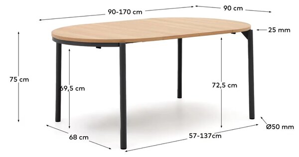 Dubový rozkládací jídelní stůl Kave Home Montuiri 90-170 x 90 cm s černou podnoží