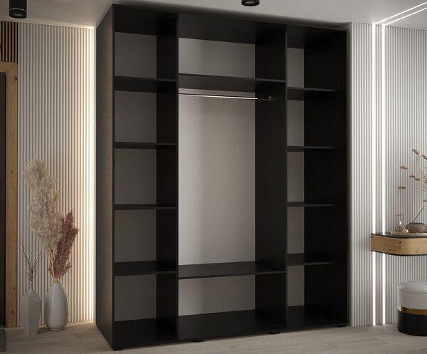 Šatní skříň s posuvnými dveřmi DAVOS 190cm | Černá / bílá / stříbrné pojezdy
