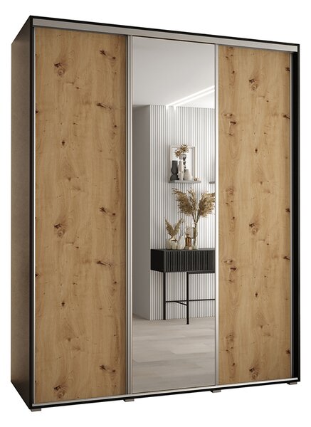 Šatní skříň s posuvnými dveřmi a zrcadlem DAVOS 190cm | Černá / DUB Artisan / stříbrné
