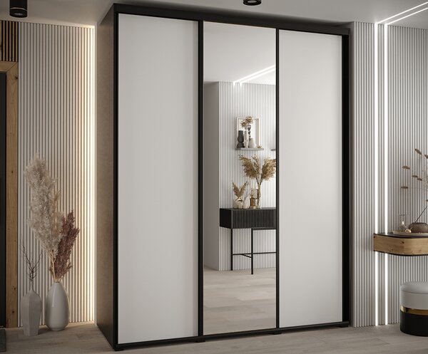 Šatní skříň s posuvnými dveřmi a zrcadlem DAVOS 190cm | Černá / bílá / černé pojezdy