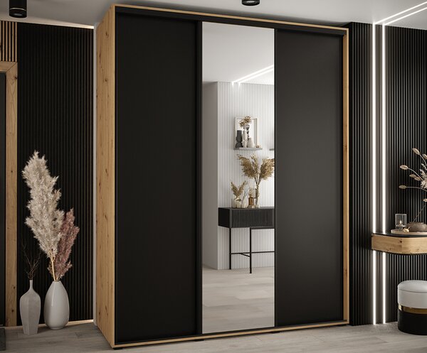 Šatní skříň s posuvnými dveřmi a zrcadlem DAVOS 190cm | DUB Artisan / černá / černé pojezd