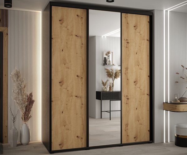 Šatní skříň s posuvnými dveřmi a zrcadlem DAVOS 190cm | Černá / DUB Artisan / černé pojezd