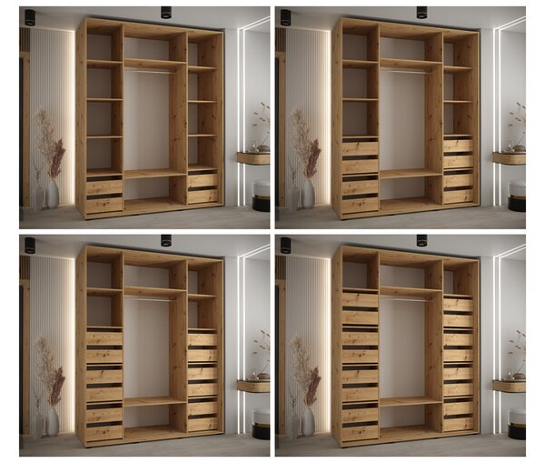 Šatní skříň s posuvnými dveřmi DAVOS 4, 190cm | DUB Artisan / černá / černé pojezdy