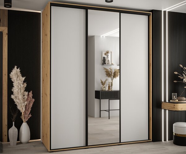 Šatní skříň s posuvnými dveřmi a zrcadlem DAVOS 190cm | DUB Artisan / bílá / černé pojezdy