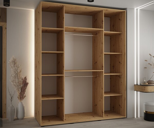 Šatní skříň s posuvnými dveřmi DAVOS 4, 190cm | DUB Artisan / černá / černé pojezdy