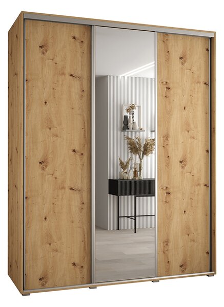 Šatní skříň s posuvnými dveřmi a zrcadlem DAVOS 190cm | DUB Artisan / stříbrné pojezdy