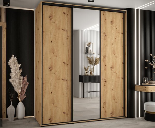 Šatní skříň s posuvnými dveřmi a zrcadlem DAVOS 190cm | DUB Artisan / černé pojezdy