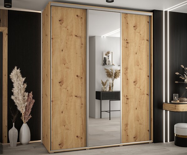 Šatní skříň s posuvnými dveřmi a zrcadlem DAVOS 190cm | DUB Artisan / stříbrné pojezdy