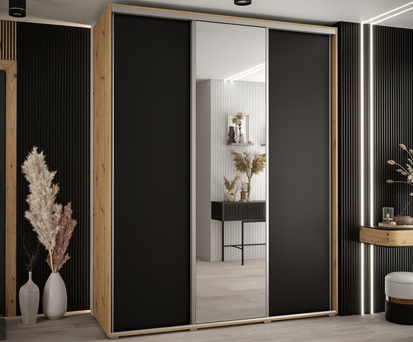 Šatní skříň s posuvnými dveřmi a zrcadlem DAVOS 190cm | DUB Artisan / černá / stříbrné
