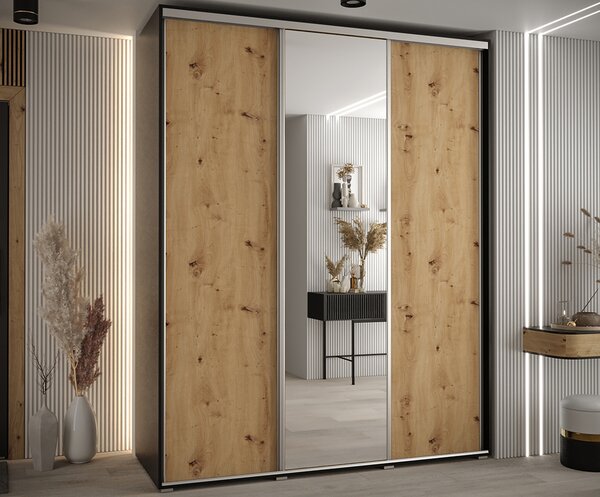 Šatní skříň s posuvnými dveřmi a zrcadlem DAVOS 190cm | Černá / DUB Artisan / stříbrné