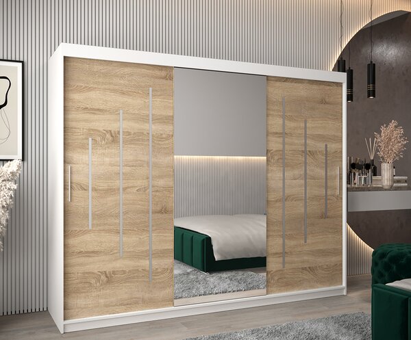 Šatní skříň s posuvnými dveřmi a dvoudílným zrcadlem YORK1 - 250x200cm -Bílá-Dub Sonoma-
