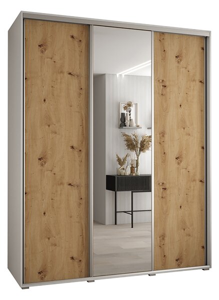 Šatní skříň s posuvnými dveřmi a zrcadlem DAVOS 190cm | Bílá / DUB Artisan / stříbrné