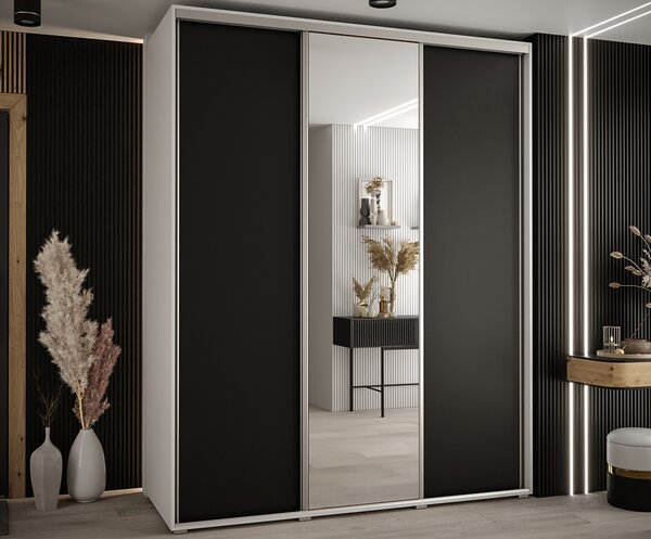 Šatní skříň s posuvnými dveřmi a zrcadlem DAVOS 190cm | Bílá / černá / stříbrné pojezdy