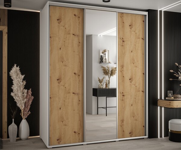 Šatní skříň s posuvnými dveřmi a zrcadlem DAVOS 190cm | Bílá / DUB Artisan / stříbrné