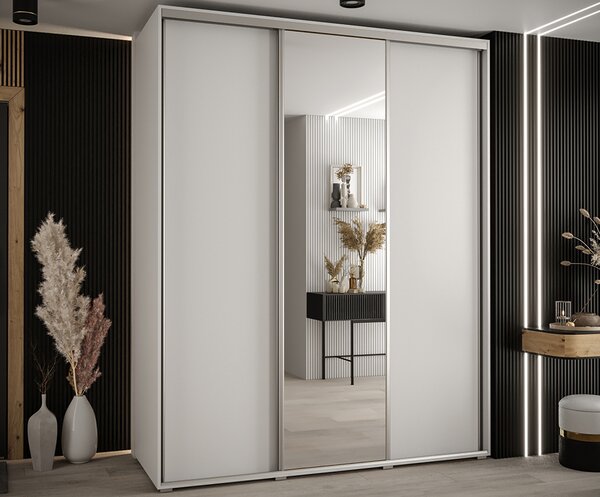 Šatní skříň s posuvnými dveřmi a zrcadlem DAVOS 190cm | Bílá / stříbrné pojezdy