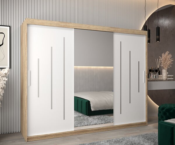 Šatní skříň s posuvnými dveřmi a dvoudílným zrcadlem YORK1 - 250x200cm -Dub Sonoma-Bílá-