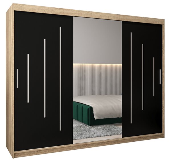 Šatní skříň s posuvnými dveřmi a dvoudílným zrcadlem YORK1 - 250x200cm -Dub Sonoma-Černá-