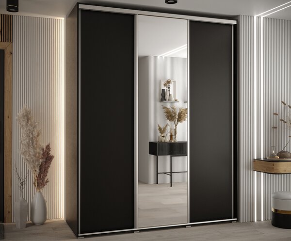 Šatní skříň s posuvnými dveřmi a zrcadlem DAVOS 190cm | Černá / stříbrné pojezdy