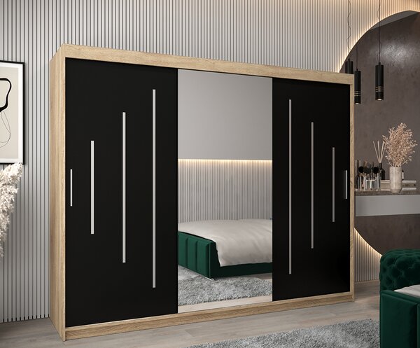 Šatní skříň s posuvnými dveřmi a dvoudílným zrcadlem YORK1 - 250x200cm -Dub Sonoma-Černá-