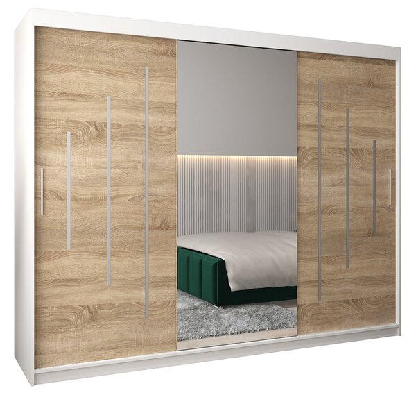 Šatní skříň s posuvnými dveřmi a dvoudílným zrcadlem YORK1 - 250x200cm -Bílá-Dub Sonoma-