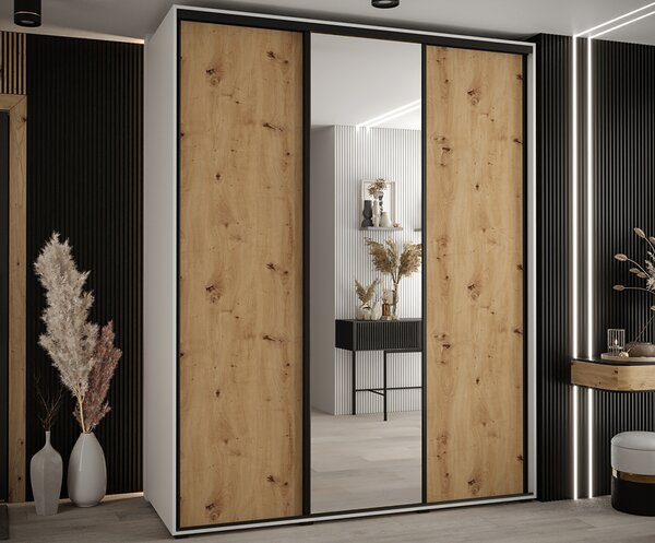 Šatní skříň s posuvnými dveřmi a zrcadlem DAVOS 190cm | Bílá / DUB Artisan / černé pojezdy